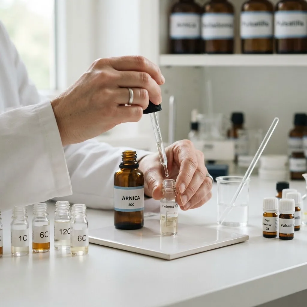 hands preparing homeopathic remedies, showing graduated vials and liquid dilution steps on a clean laboratory table, with soft, natural