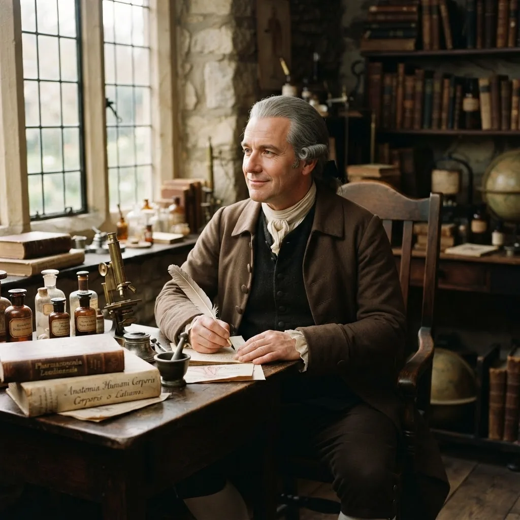 a middle-aged European male physician in late 18th-century attire, seated at a wooden desk with old medical texts and glass vials, warm