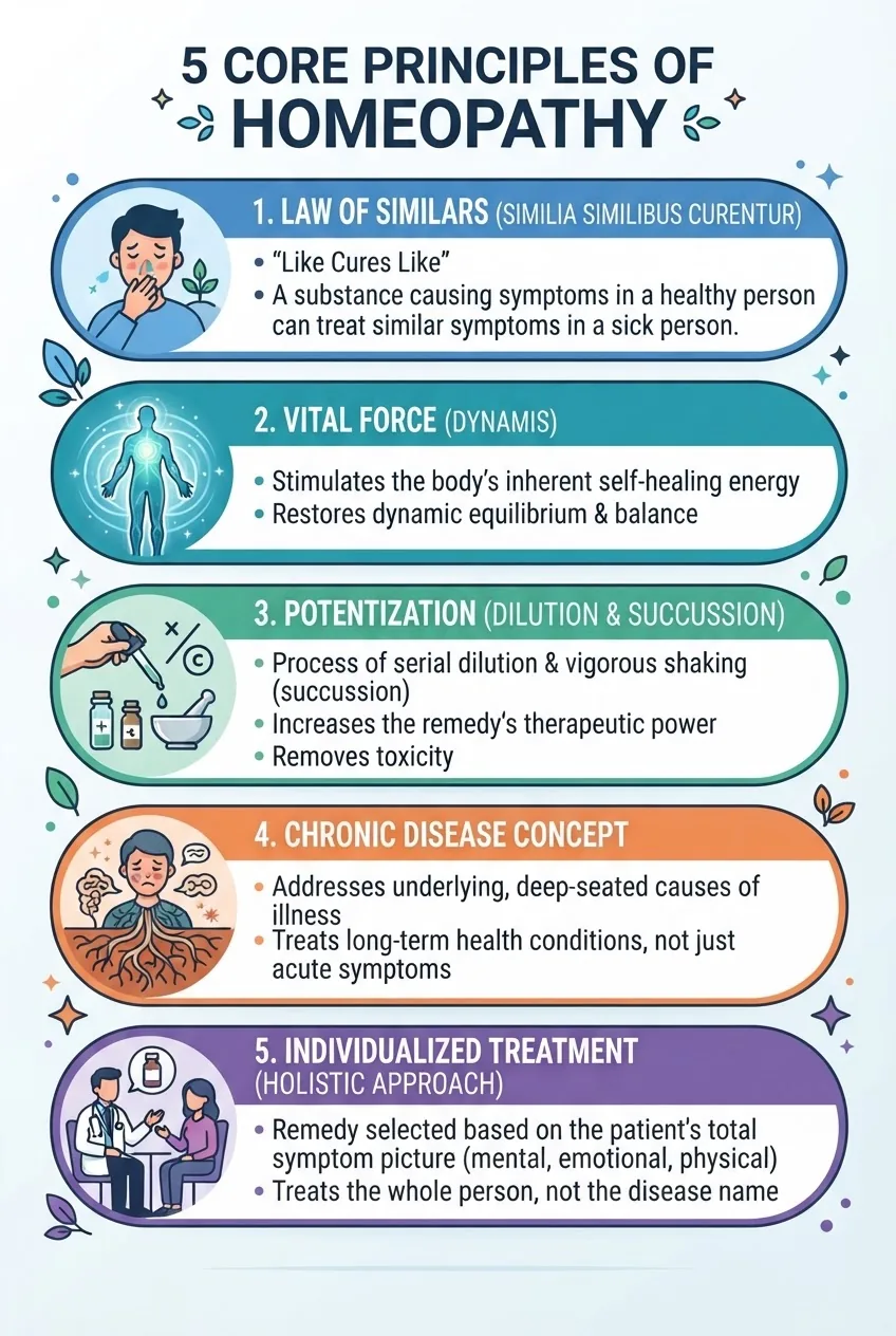is vertically structured, illustrating the 5 core principles of homeopathy: Law of Similars, Vital Force, Potentization, Chronic Disease