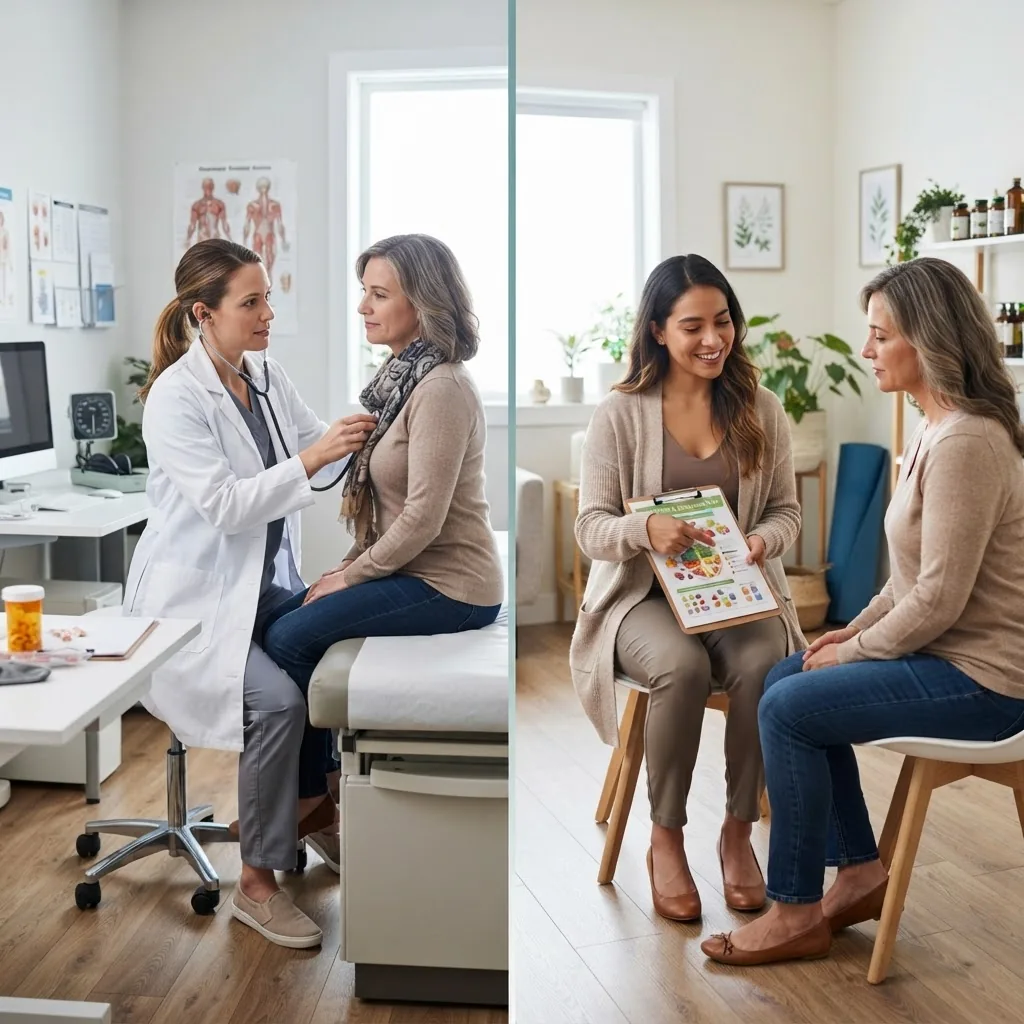 Side-by-side depiction of two medical approaches: one doctor using conventional tools like stethoscope and pills, and another with holistic