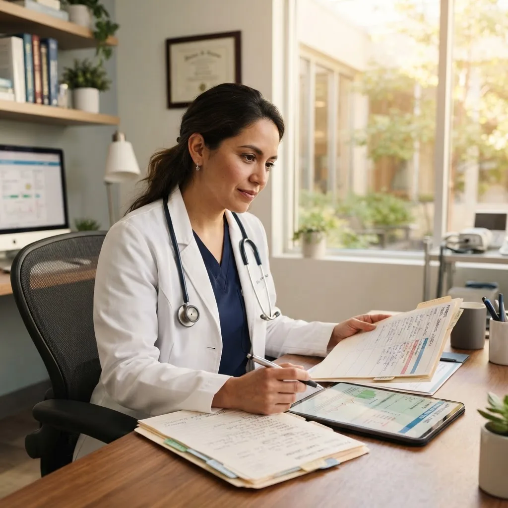 A professional doctor wearing a white coat in a modern clinical office, reviewing detailed patient charts and lab results, warm natural