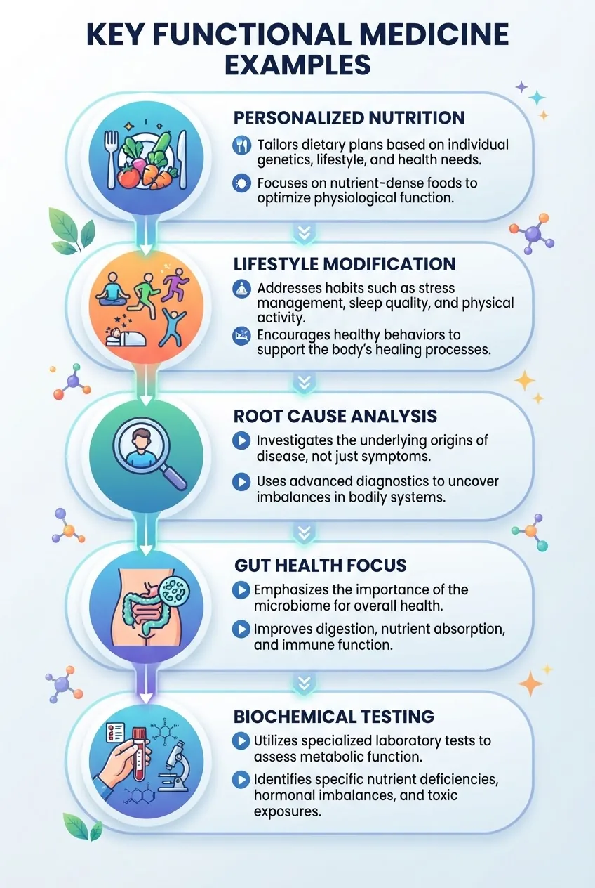 A visually clear infographic showing five key functional medicine examples in a vertical flow chart: personalized nutrition, lifestyle
