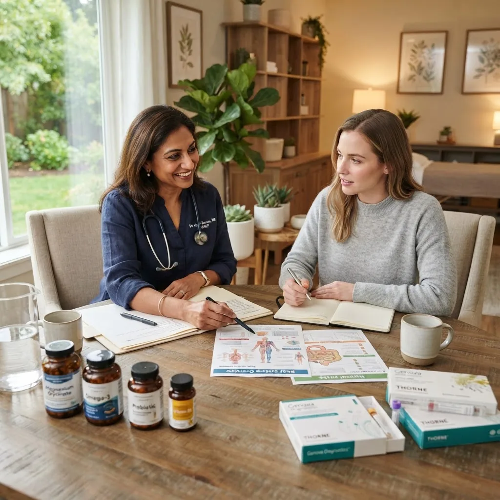 calming wellness consultation scene showing a table with nutritional charts, supplement bottles, and testing kits in a well-lit, holistic