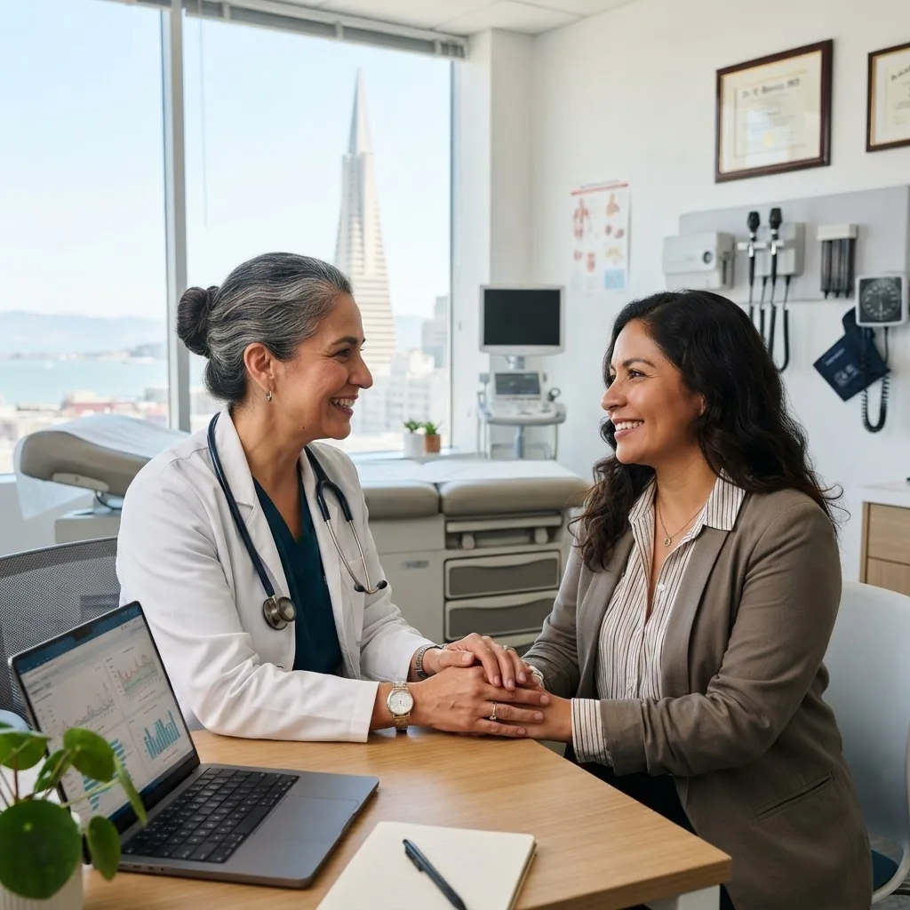a portrait of a professional middle-aged functional medicine doctor in a bright San Francisco clinic, showing compassionate interaction