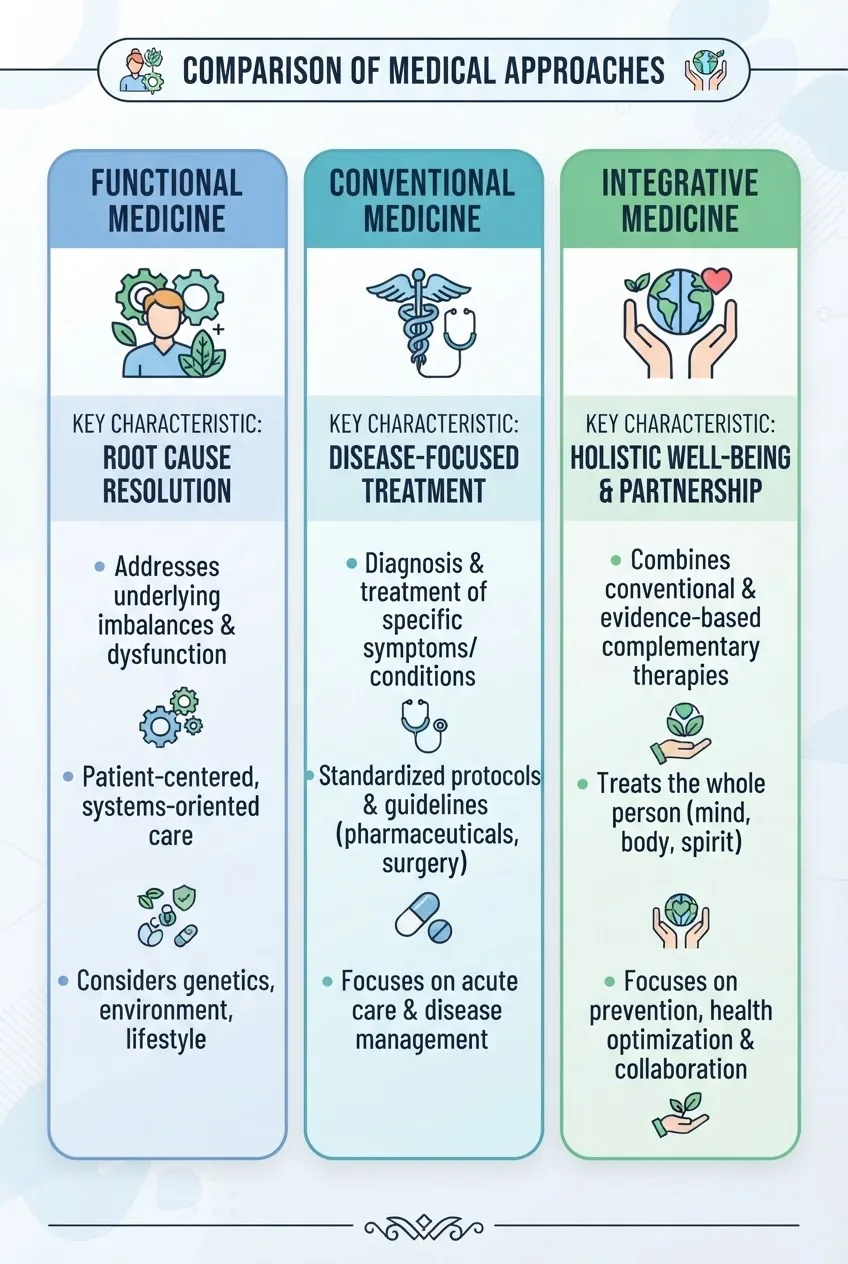 visually compares Functional Medicine, Conventional Medicine, and Integrative Medicine: each column with an icon, key characteristic
