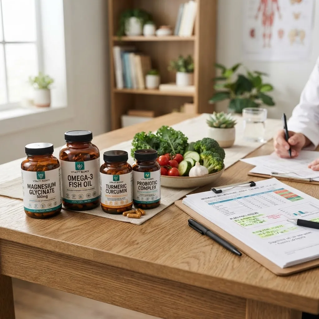 Close-up of natural supplements, fresh vegetables, and lab reports on a clinic desk, bright indoor lighting, highlighting holistic and