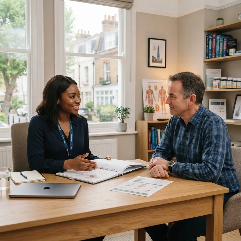 A professional consultation scene in a modern London clinic, showing a diverse functional medicine practitioner speaking with a middle-aged