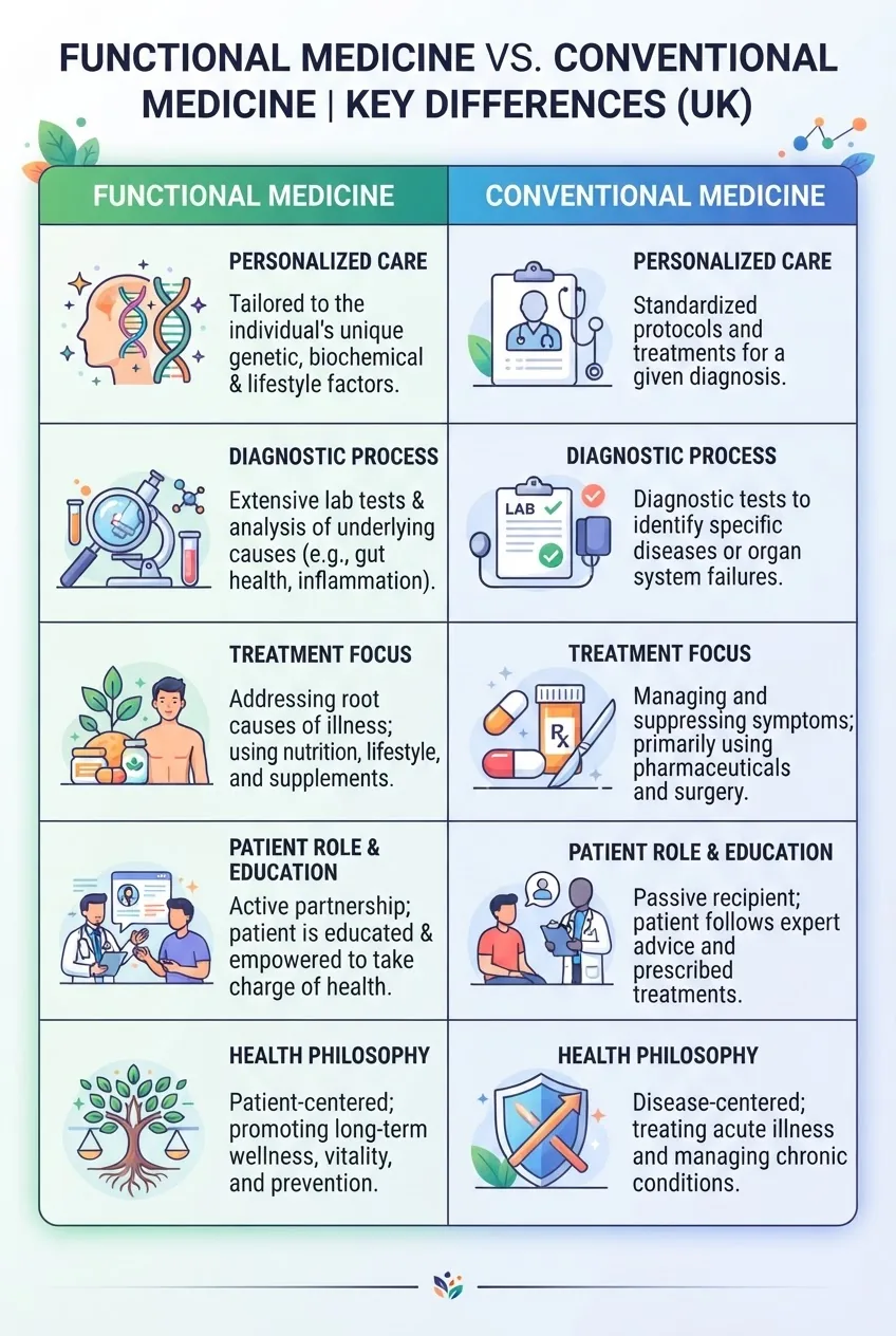 shows a clean, two-column comparison infographic showing key differences between functional and conventional medicine in the UK, columns