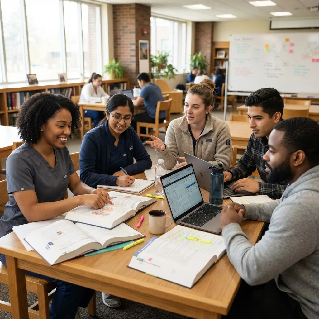Diverse group of nurse practitioner students studying together with textbooks and laptops in a bright university classroom, focused