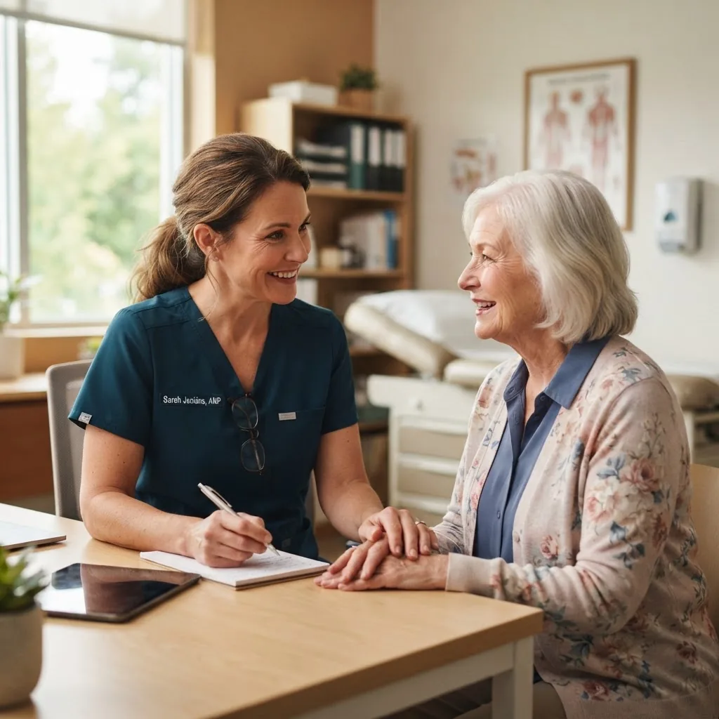 A mid-age nurse practitioner consulting with a patient in a warm, welcoming clinical setting, natural daylight, showing attentive listening