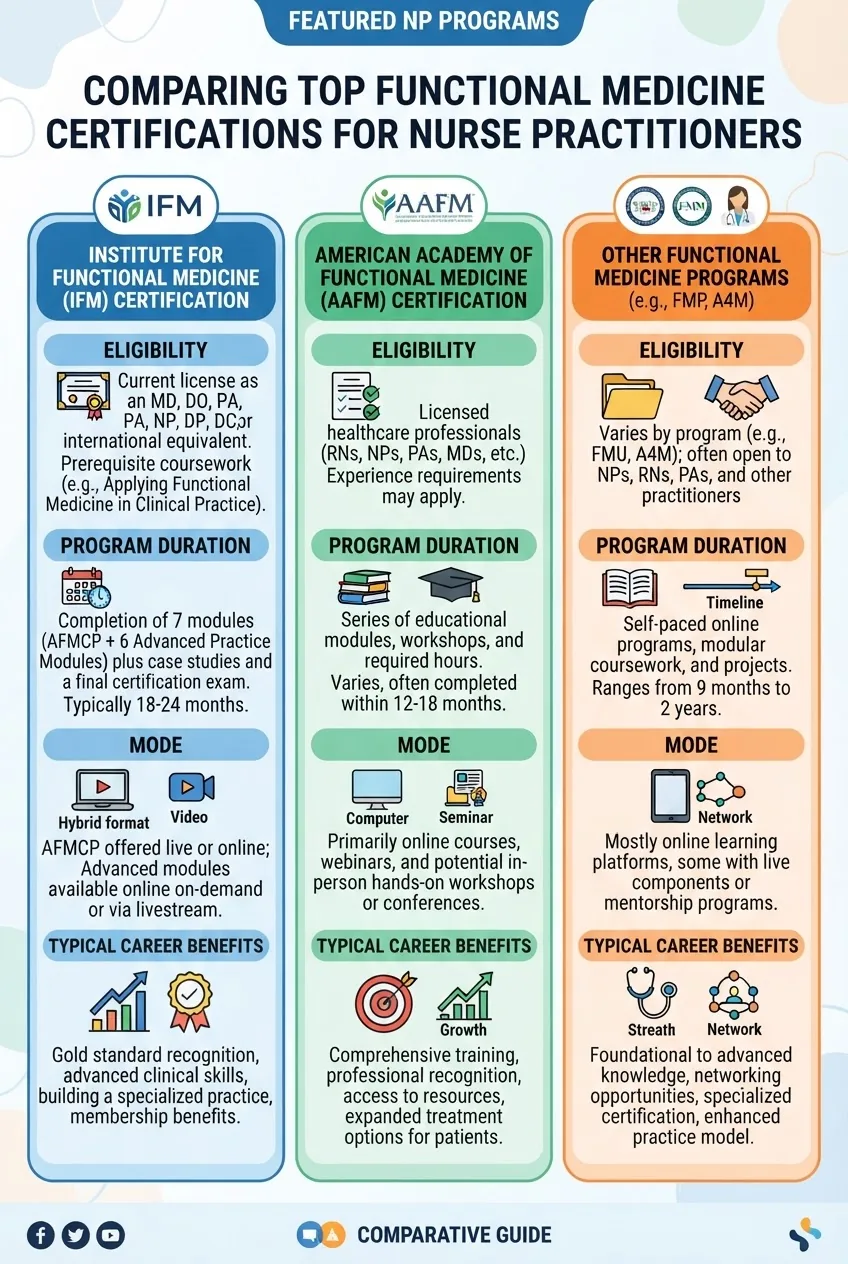 A three-column infographic comparing top functional medicine certifications for nurse practitioners including IFM Certified Practitioner,
