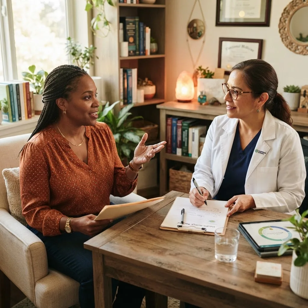 diverse middle-aged patient discussing health history with a functional medicine practitioner in a cozy consultation room, warm lighting,
