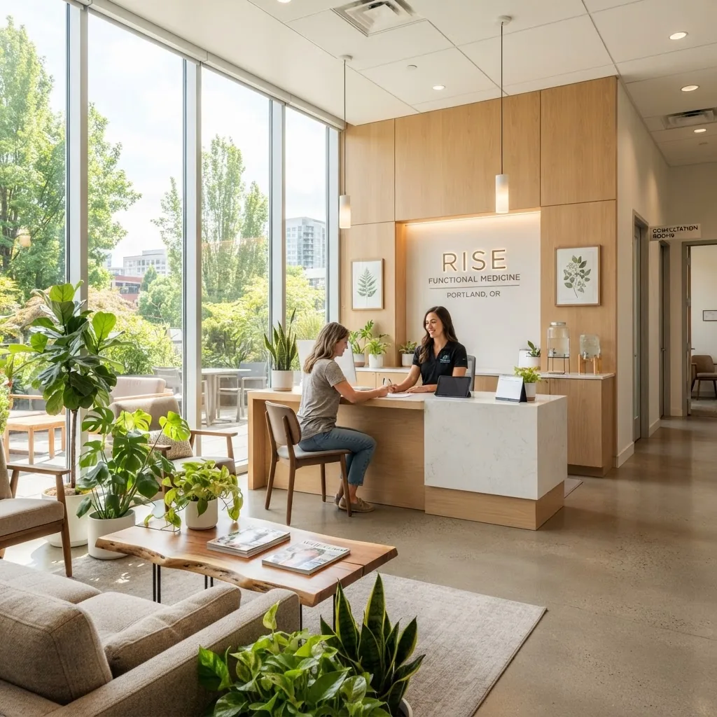 bright, welcoming functional medicine clinic reception area in Portland, with natural light, plants, and clean modern design, showcasing a