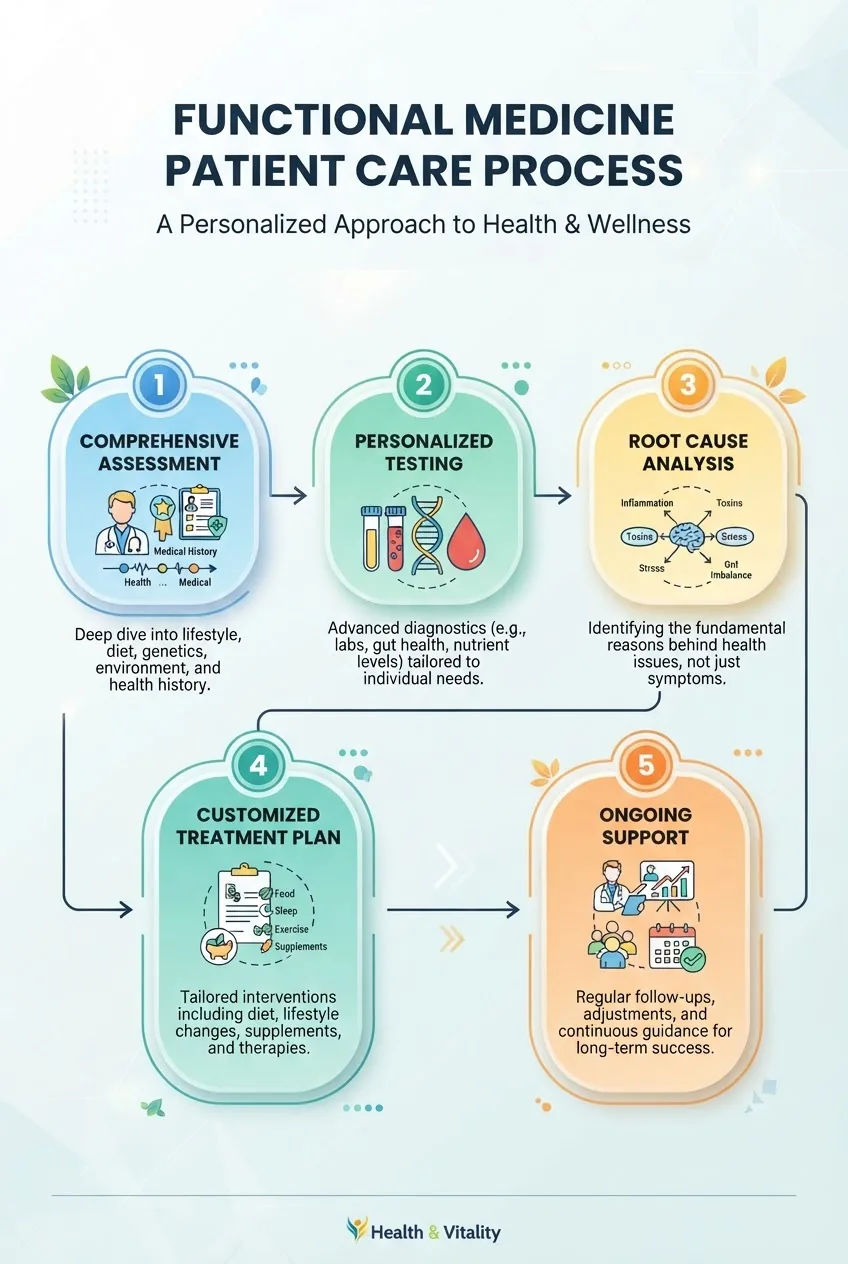 shows a 5-step functional medicine patient care process: 1. Comprehensive Assessment, 2. Personalized Testing, 3. Root Cause Analysis, 4.