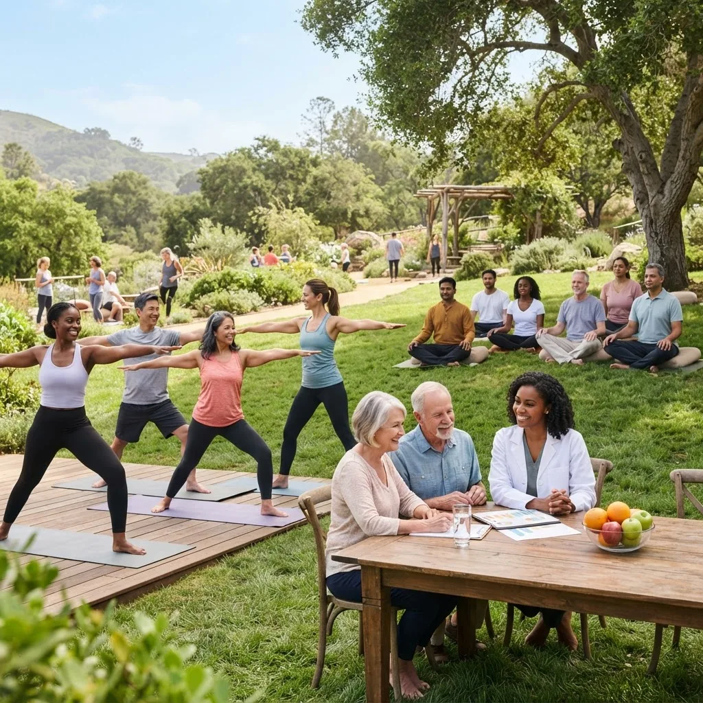 a diverse group of healthy, happy adults of various ages and ethnicities engaged in wellness activities like yoga, nutrition counseling,