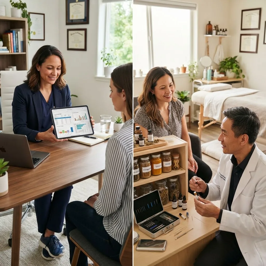 a clean, professional office setting with a functional medicine practitioner reviewing patient diagnostic data on a tablet, contrasted
