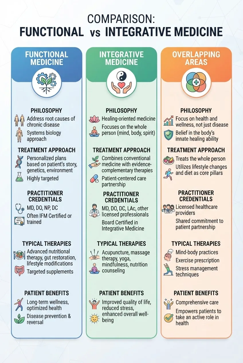 shows a three-column comparison: Functional Medicine, Integrative Medicine, and Overlapping Areas. Include icons and short bullet points
