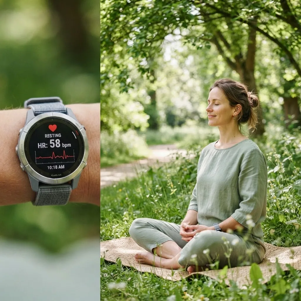 Close-up of a healthy heart rate monitor screen alongside a peaceful smiling person meditating outdoors under green trees, natural