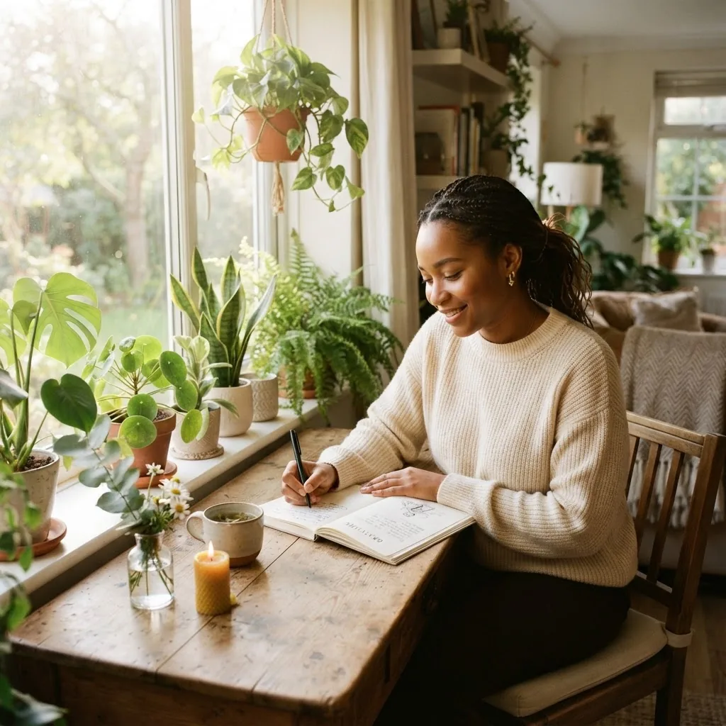 A serene morning scene showing a diverse adult writing in a gratitude journal by a sunlit window, surrounded by cozy home plants and