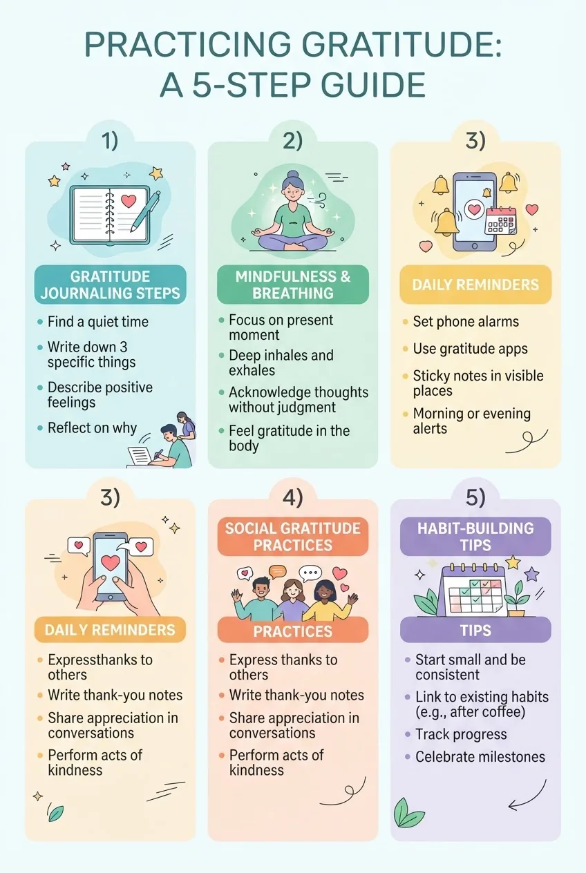 divided into five vertical sections showing: 1) Gratitude journaling steps with icon; 2) Mindfulness and breathing exercises icon; 3) Daily
