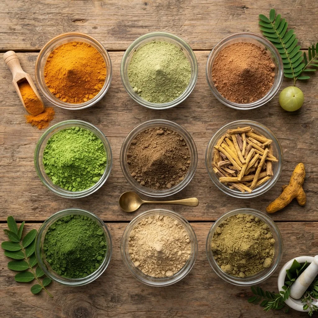 Close-up photo of assorted colorful powdered ayurvedic herbs arranged in small clear bowls on a wooden surface, natural daylight, top-down