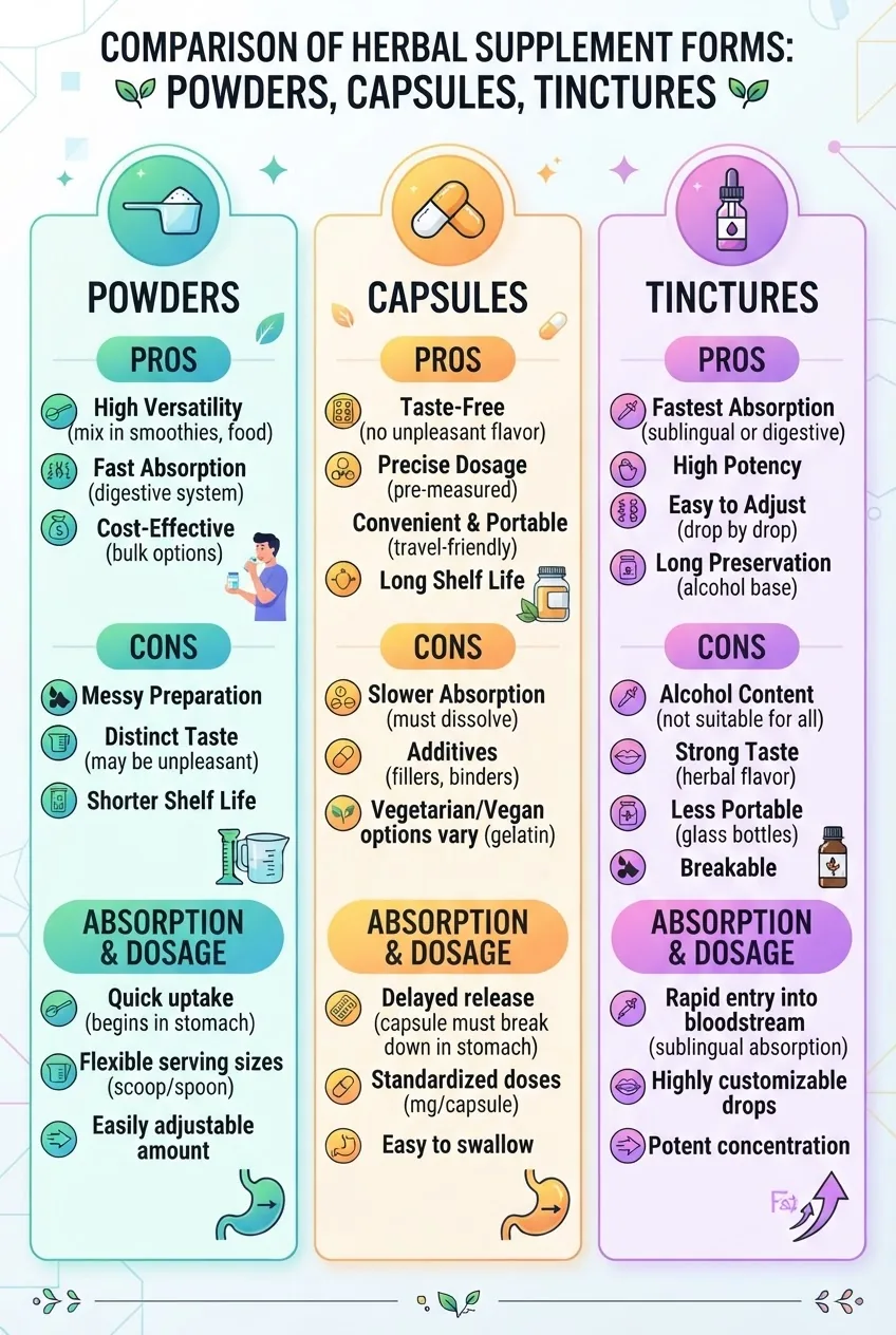 Infographic comparing three forms of herbal supplements—powders, capsules, tinctures—arranged in three columns, each with icons, short pros