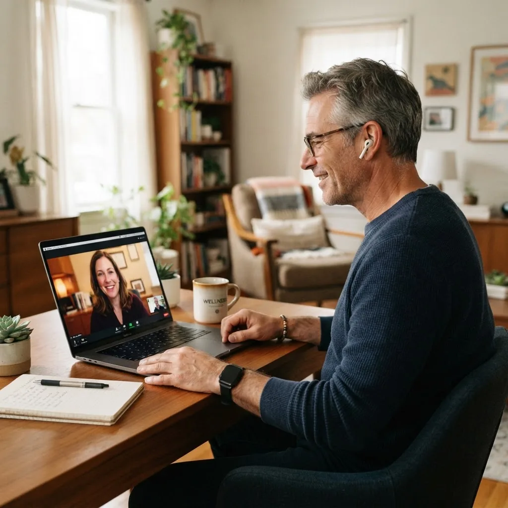 middle-aged man using a laptop in a cozy home setting consulting a holistic doctor via telehealth video call, showing calm, engaging