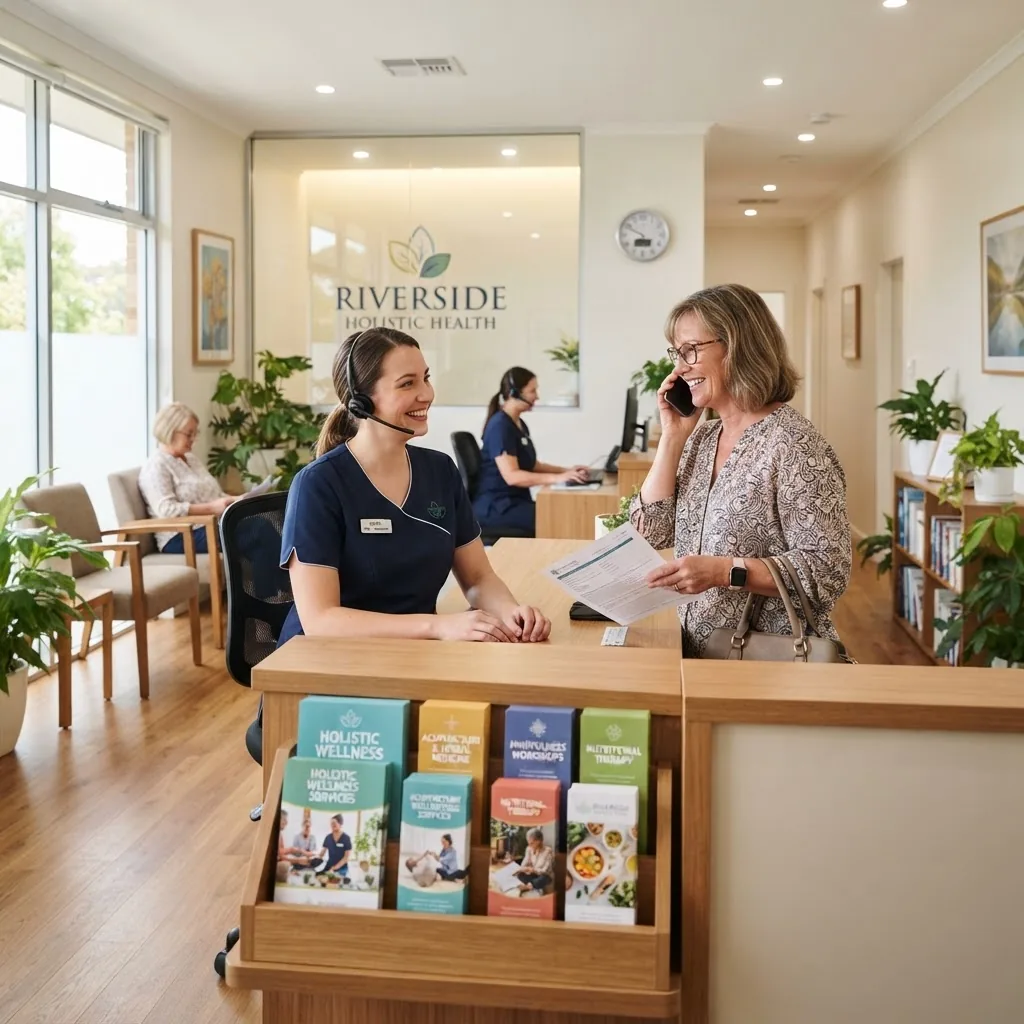 a bright, welcoming medical office reception area with a friendly receptionist assisting a middle-aged woman on the phone, bright natural