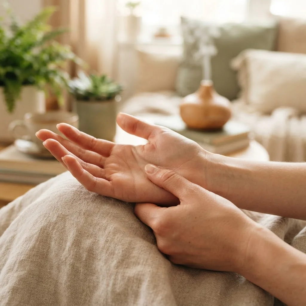 thumb and finger lightly pressing specific points on the palm, demonstrating acupressure for stress relief; soft focus background with