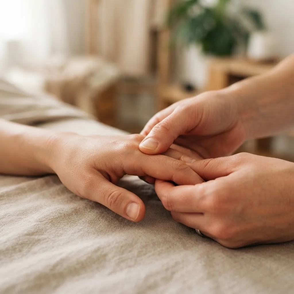 a practitioner's hands applying firm but gentle pressure to the Hegu (LI 4) pressure point located between thumb and index finger of the