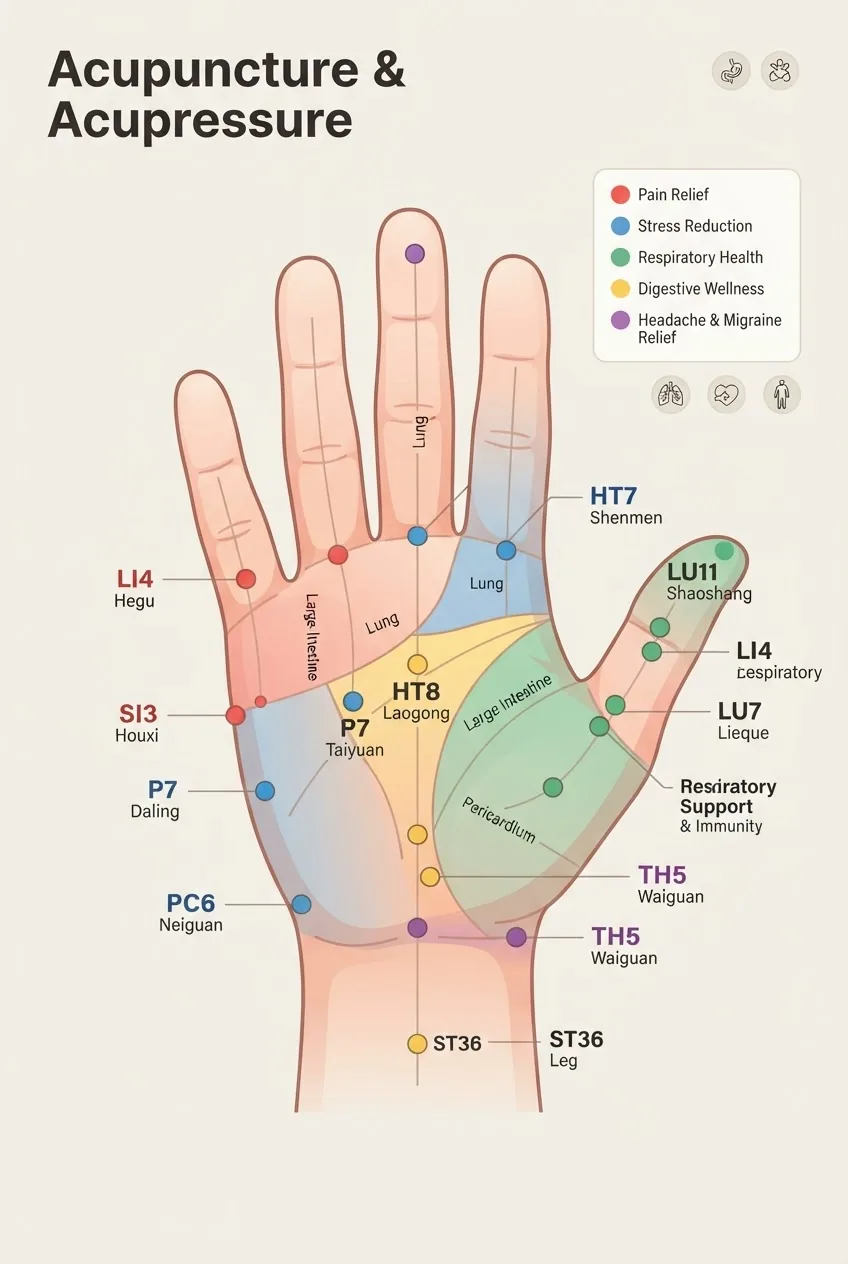 the human hand displaying key acupuncture and acupressure pressure points, highlighting the palm, fingers, thumb, and areas between