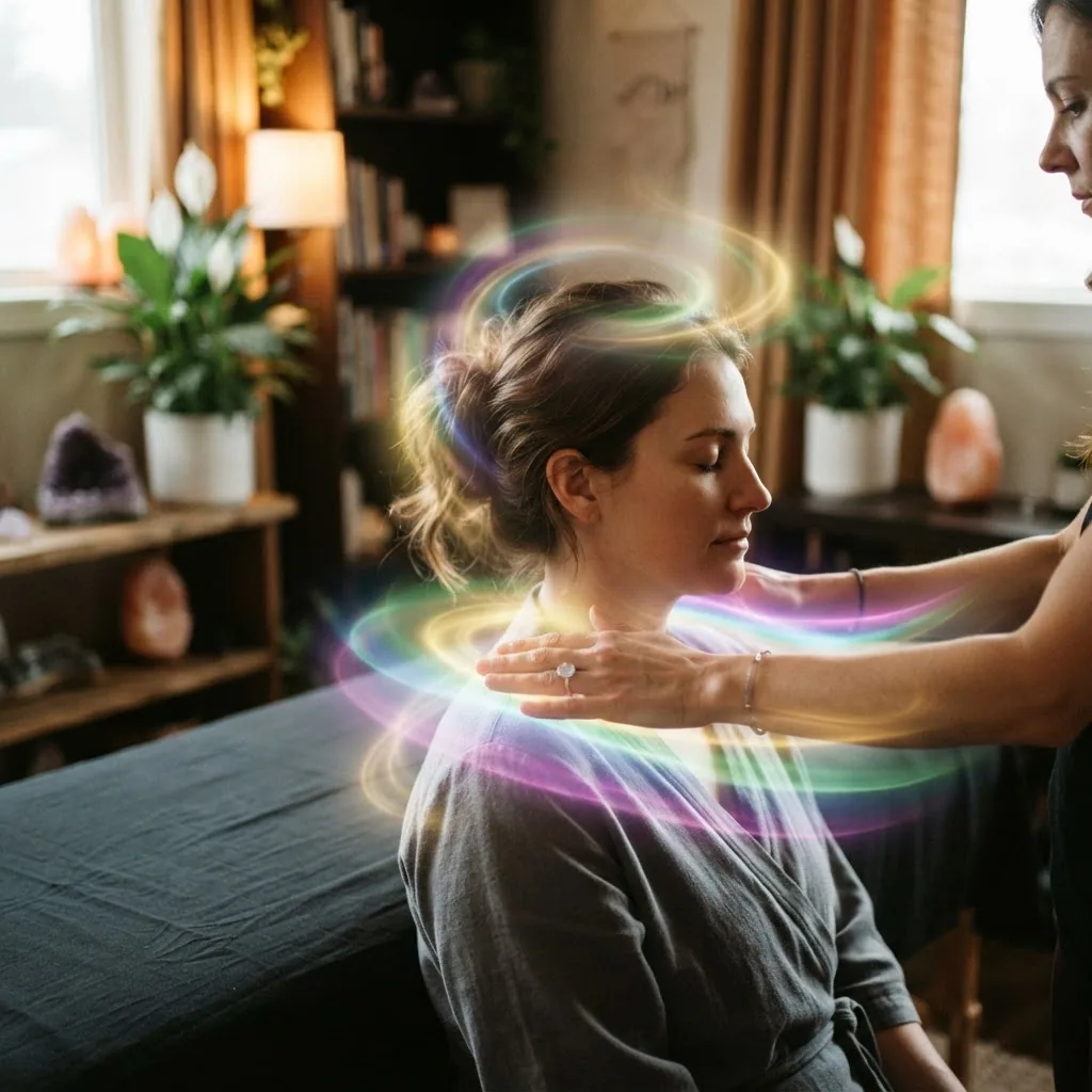 close-up of hands performing Reiki healing on a client with glowing aura-like colored light effects around the hands and head, in a softly