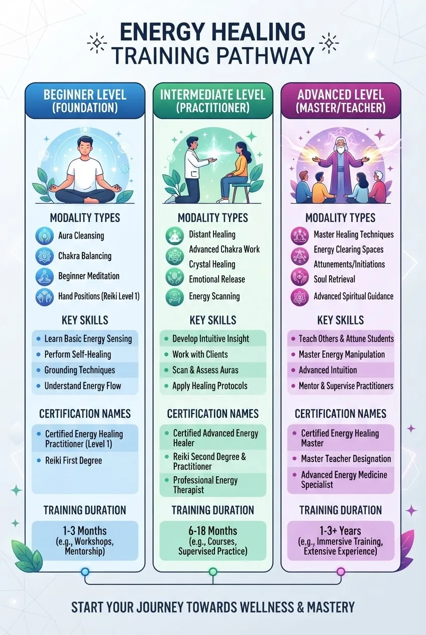 with three columns detailing beginner, intermediate, and advanced energy healing training levels; each column includes icons representing