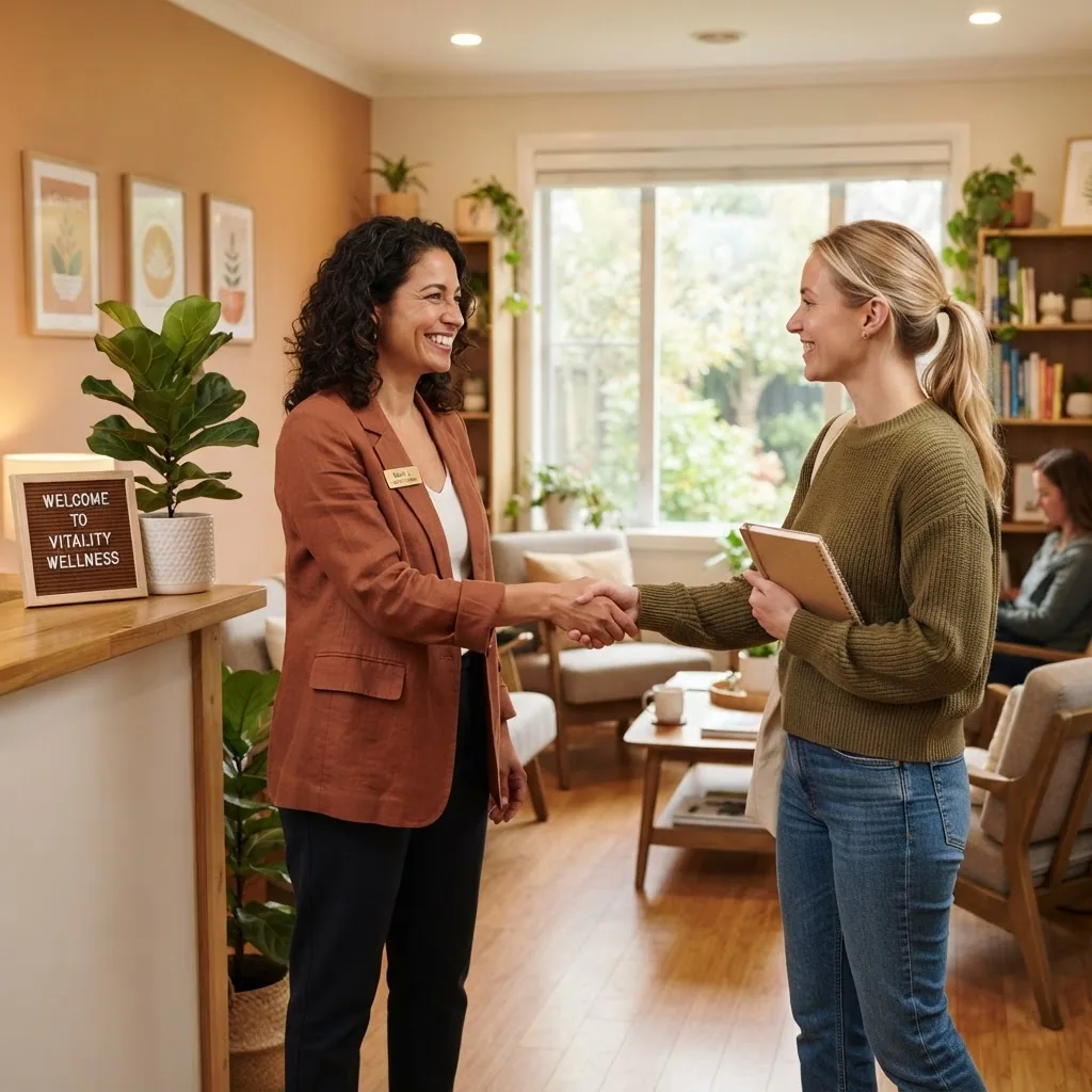 friendly, professional health coach greeting a client in a bright, inviting wellness office, natural light, warm colors, mid-angle view