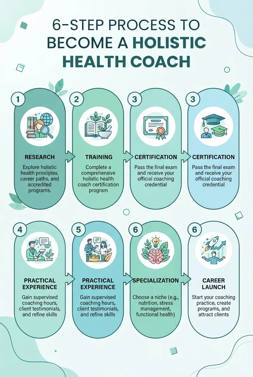 Infographic showing a 6-step process to become a holistic health coach: Research > Training > Certification > Practical Experience >