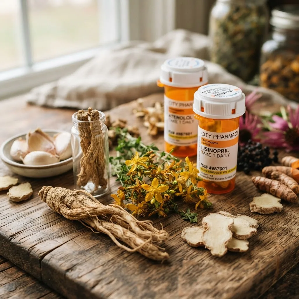 Macro photography of various common medicinal herbs (e.g., ginseng, St. John’s wort, garlic) alongside prescription medication bottles on a