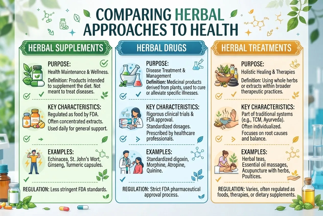 a three-column infographic comparing Herbal Supplements, Herbal Drugs, and Herbal Treatments side-by-side with icons and short definitions