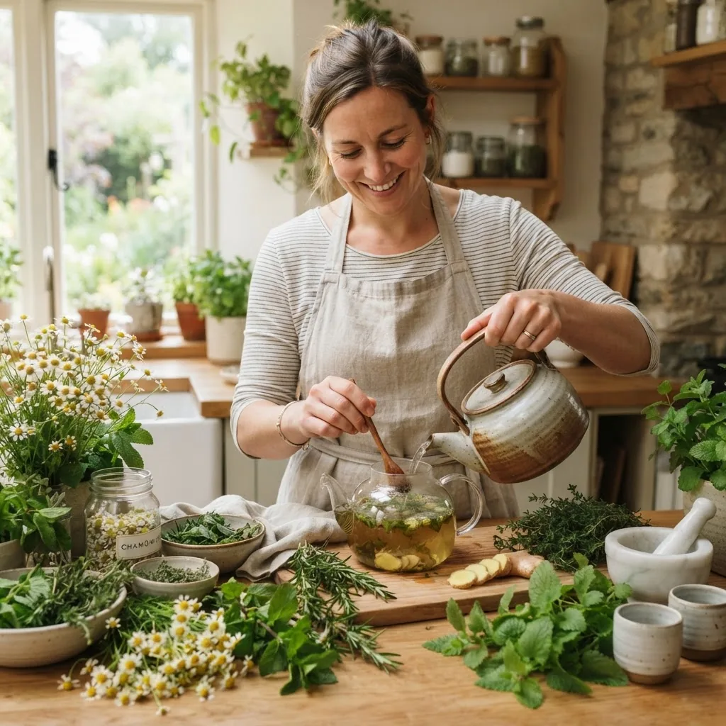 A high-resolution image of a person preparing a herbal tea infusion surrounded by fresh herbs (like chamomile, mint, and ginger) in a