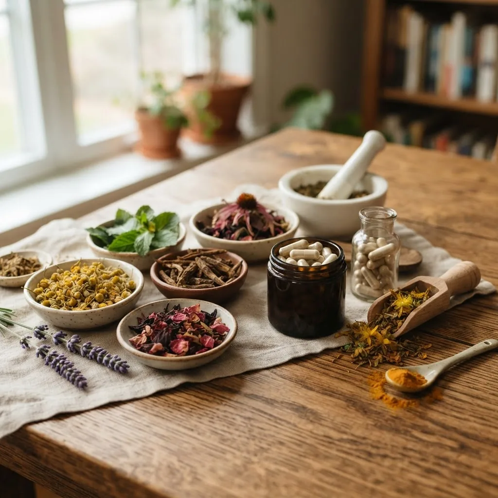 A close-up photo of various dried herbs and herbal capsules artistically arranged on a wooden table with natural daylight illuminating