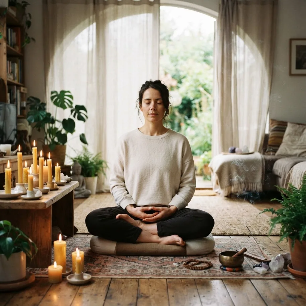 peaceful indoor space featuring a person practicing mindfulness meditation with candles and soft natural light, emphasizing a tranquil mood