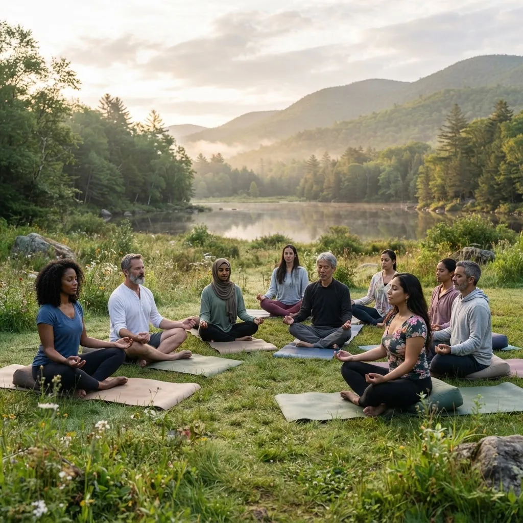 serene, natural setting with a diverse group of people meditating outdoors in the morning light, capturing calmness and connection between