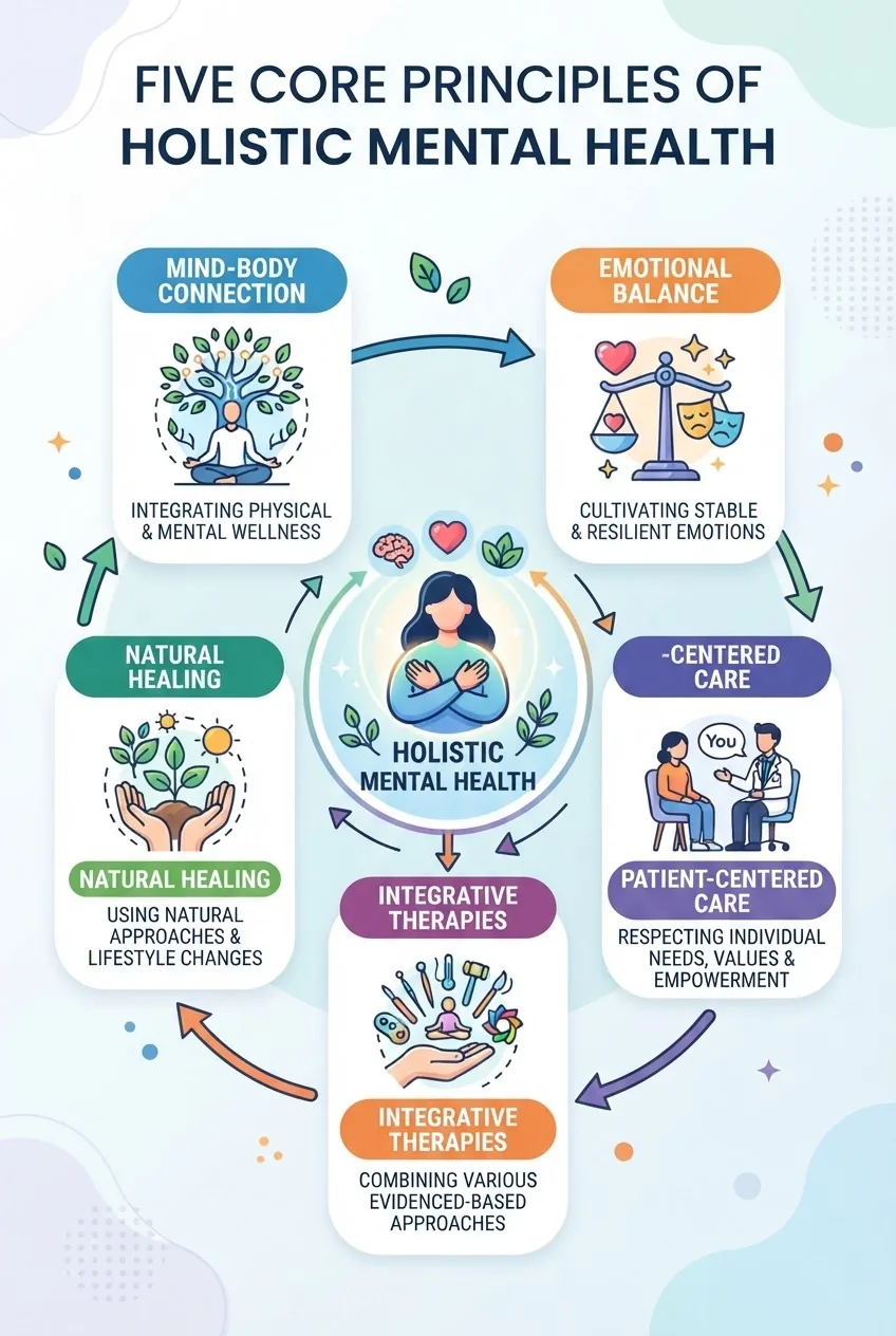A clean, visually engaging infographic showing five core principles of holistic mental health (mind-body connection, emotional balance,