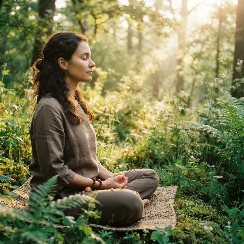 serene close-up of a person meditating in nature at sunrise, sitting cross-legged with eyes closed, soft golden light illuminating a calm