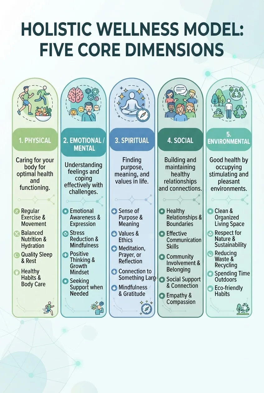 illustrates the five core dimensions of the holistic wellness model: Physical, Emotional/Mental, Spiritual, Social, Environmental; each