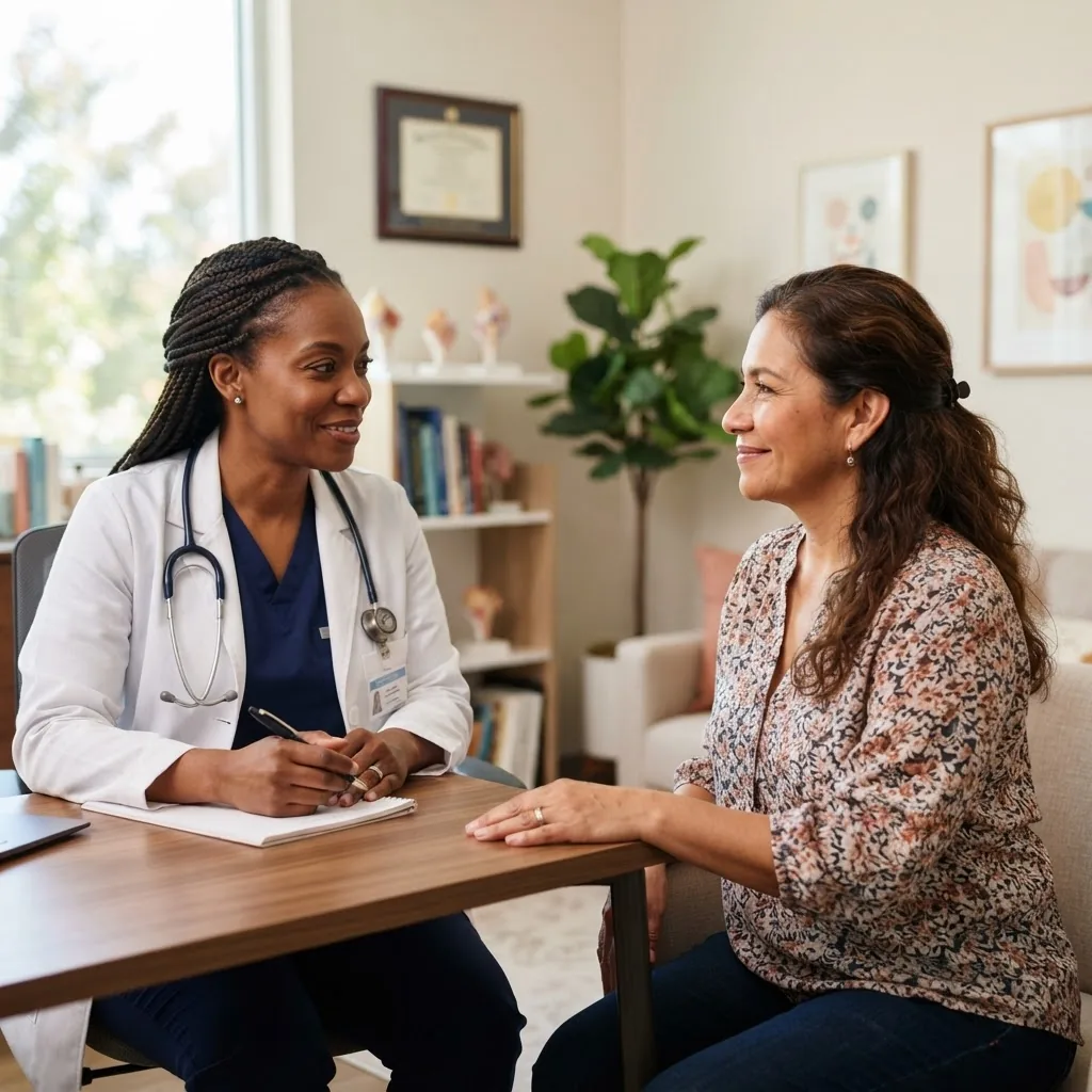 a diverse middle-aged patient and a healthcare provider in a bright consulting room, engaged in empathetic discussion with calm facial