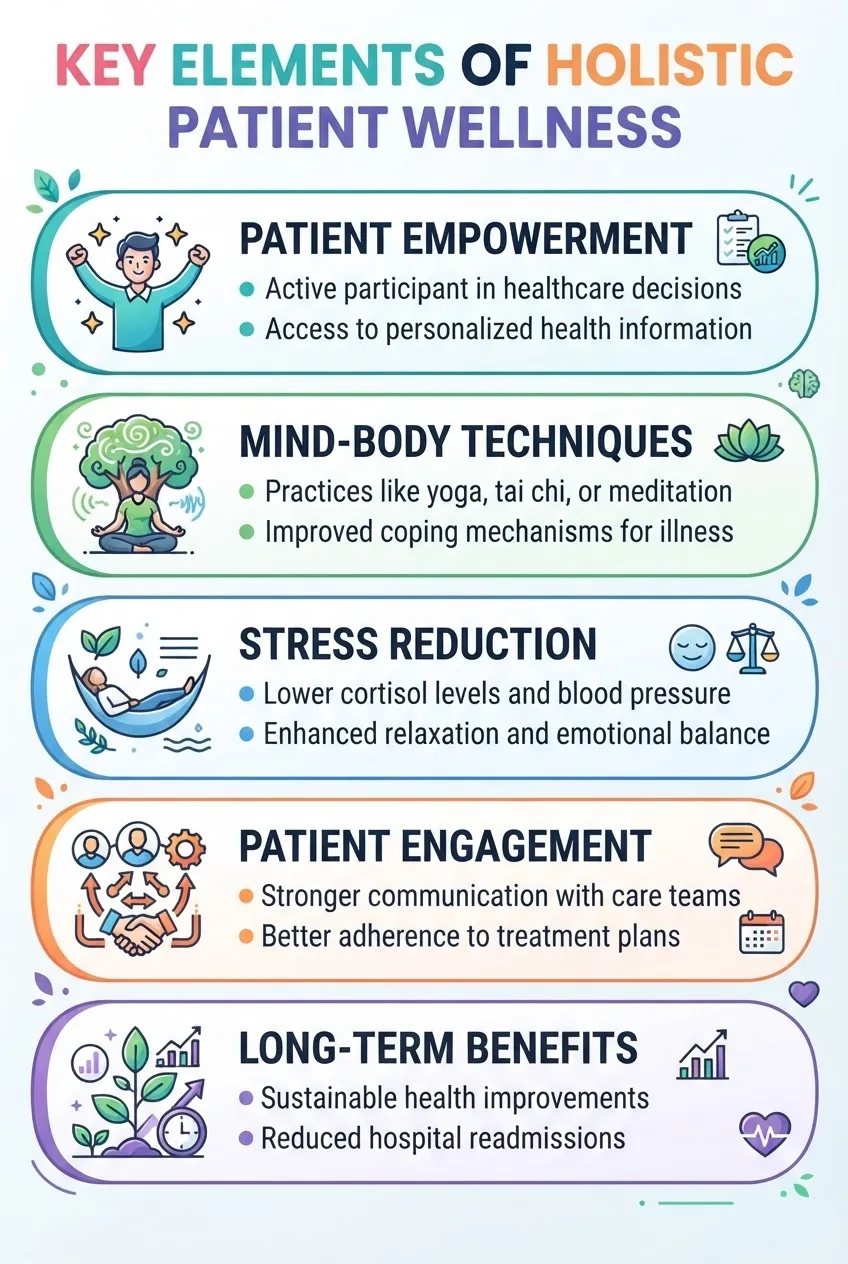 is structured with 5 horizontal sections each with a clear icon: patient empowerment, mind-body techniques, stress reduction, patient