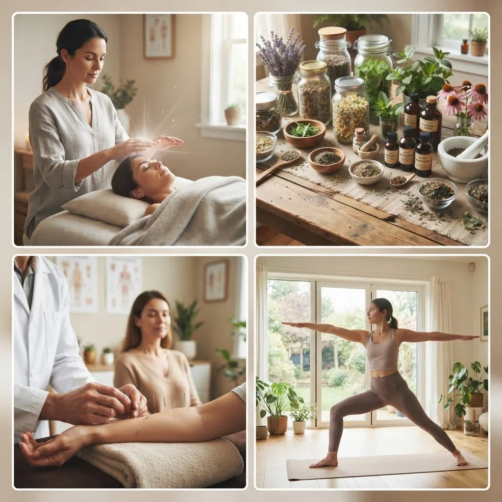 featuring a practitioner performing Reiki energy healing, herbal medicines arranged neatly on a wooden table, acupuncture needles applied