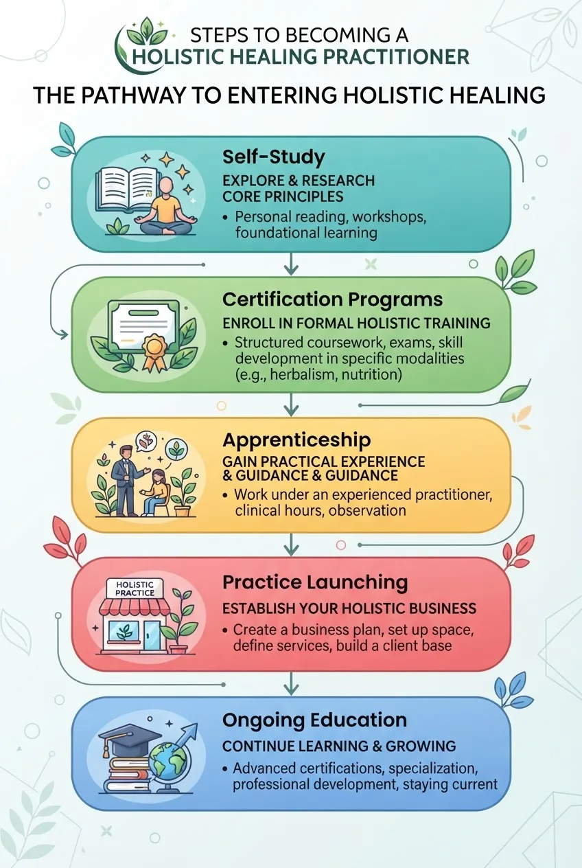 illustrating a step-by-step pathway to entering holistic healing, including icons and short labels for stages: self-study, certification