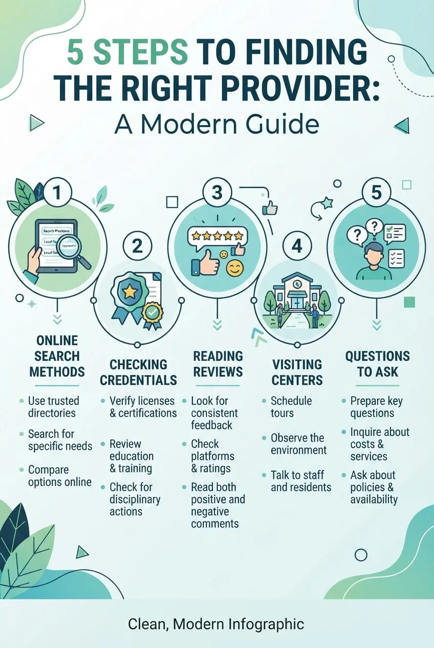 illustrates a 5-step process: 1) Online search methods, 2) Checking credentials, 3) Reading reviews, 4) Visiting centers, 5) Questions to