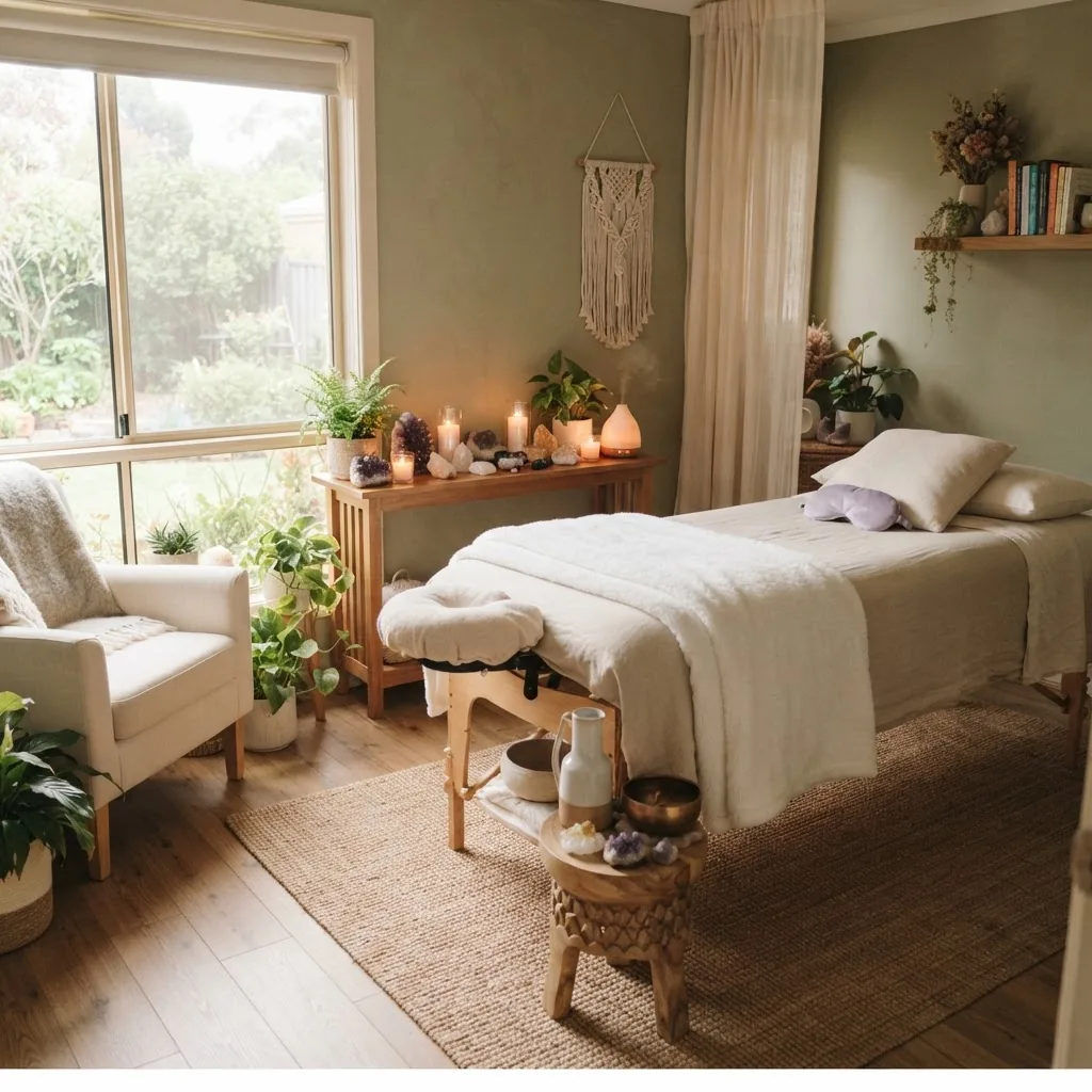 peaceful holistic healing room setup with soft natural light, comfortable treatment table, crystals, candles, plants, and soothing colors,